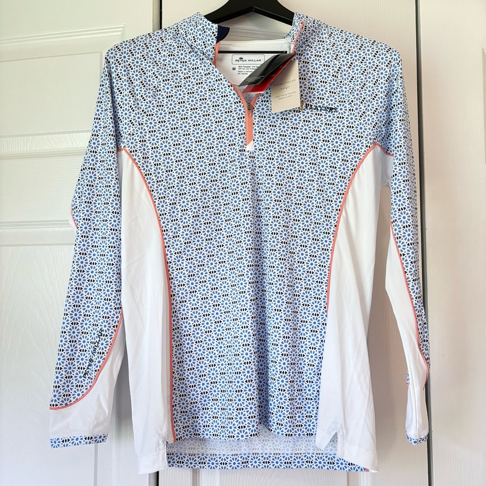 NWT Women's Peter Millar Blue THE PLAYERS Quarter-Zip Long Sleeve Sun Shirt